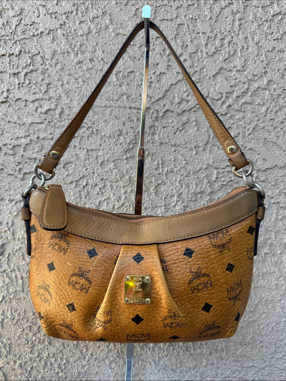 MCM Cognac Logo-Print Visetos Shoulder Bag with Gold Plaque (canvas fading)